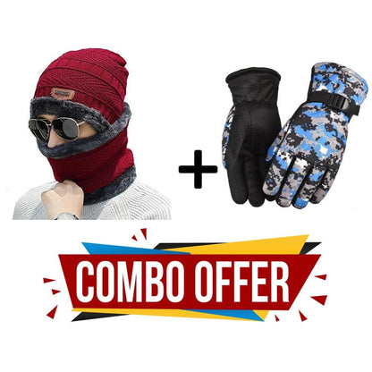 Combo-Pack(3 in 1)Cap Hat Neck Warmer Scarf With 1 Pair Gloves Combo Set Unisex