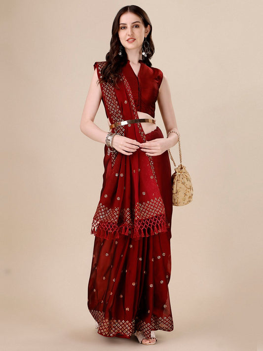 Fancy Sequined Embroidered Red Coloured Silk Saree with Blouse Piece
