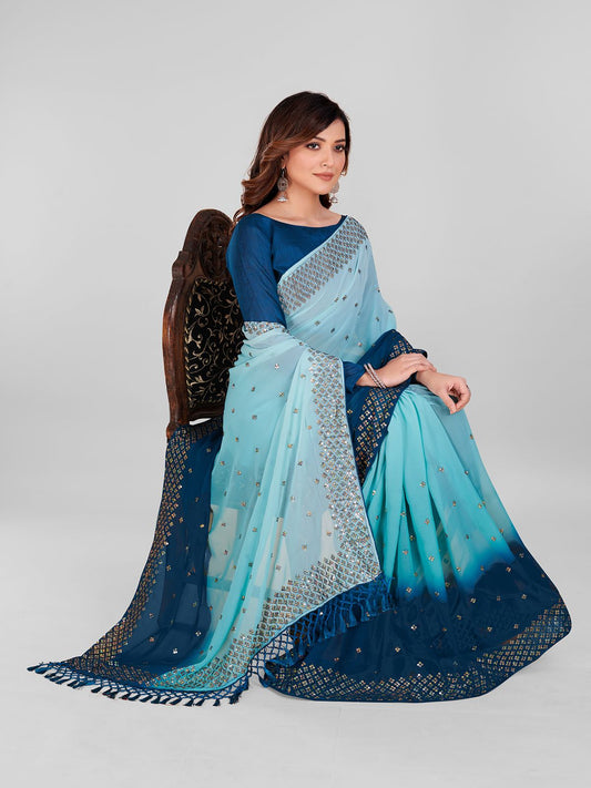 Fancy Sequined Embroidered Teal Blue and Sky Blue Coloured Georgette Saree with Blouse Piece