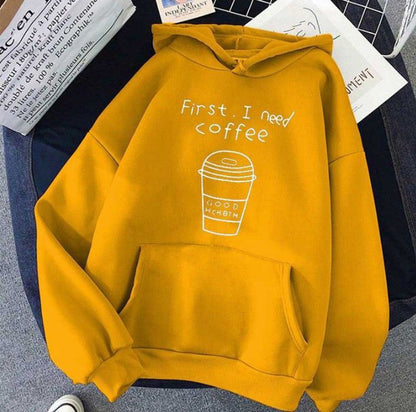 Popster Mustard Printed Fleece Hoody Regular Fit Long Sleeve Womens Sweatshirt