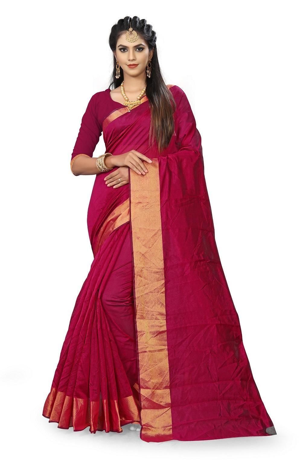 Ethnic Solid Art Silk Saree With Golden Border