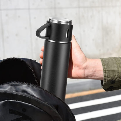 Thermo Vacuum Insulated Bottle Water Flask Gift Set with Two Cups Hot & Cold