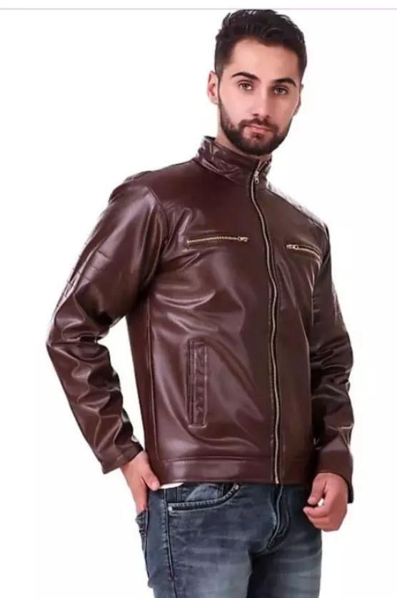 Men's Solid Zip Up Leather Jacket