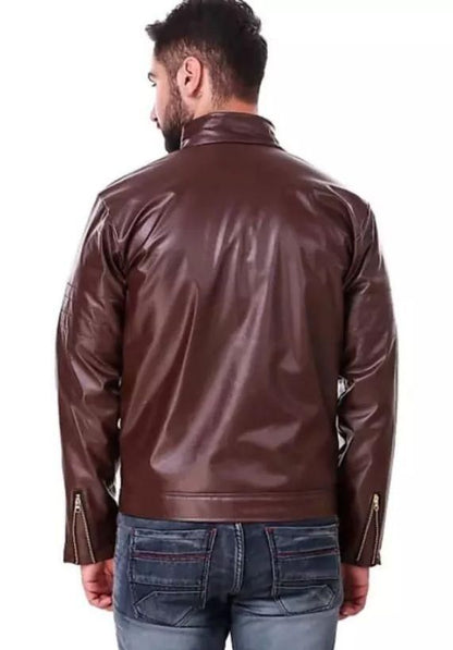 Men's Solid Zip Up Leather Jacket
