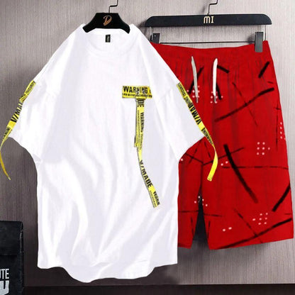 Cotton Blend Solid With Printed Half Sleeves co-ord Set For Mens