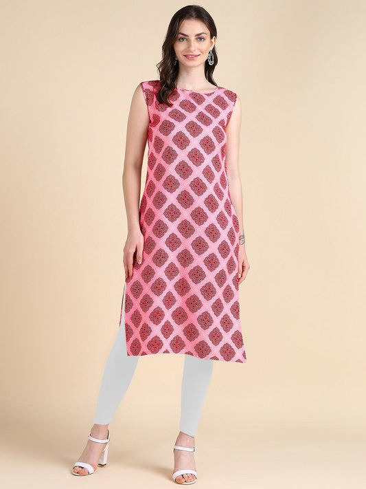 Women's Sleeveless Boat Neck Solid Casual Fancy Long Kurtis