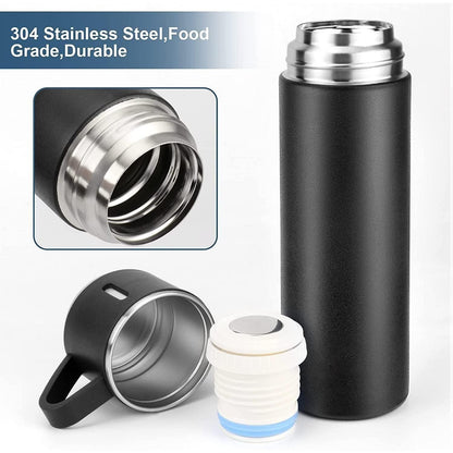 Thermo Vacuum Insulated Bottle Water Flask Gift Set with Two Cups Hot & Cold